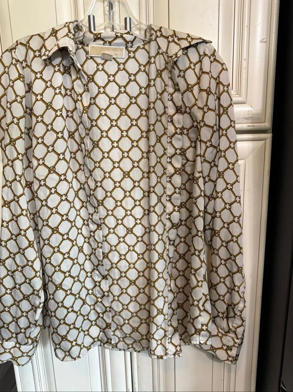 Michael Kors Women's Logo Buttons MK Gold Chains Button Up Blouse Gold Medium